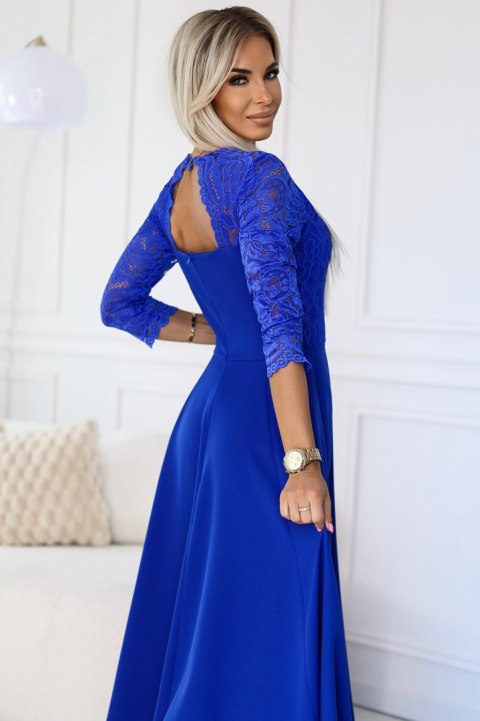 309-12 AMBER elegancka długa koronkowa suknia z dekoltem - kolor CHABROWY - XL