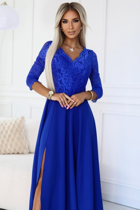 309-12 AMBER elegancka długa koronkowa suknia z dekoltem - kolor CHABROWY - XL