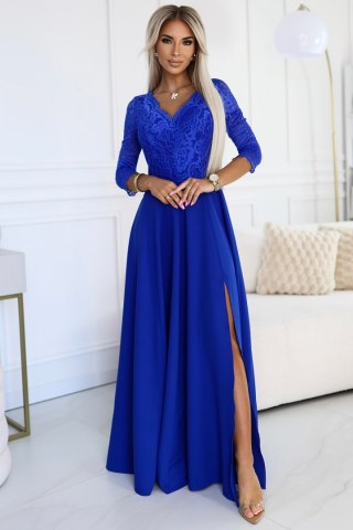 309-12 AMBER elegancka długa koronkowa suknia z dekoltem - kolor CHABROWY - XXL