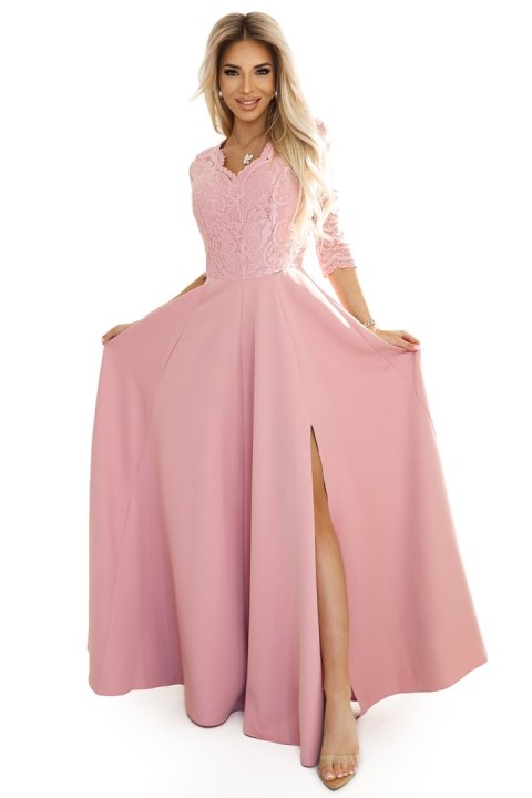 309-13 AMBER elegancka długa koronkowa suknia z dekoltem - PUDROWY RÓŻ - XL