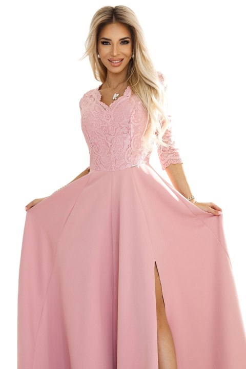 309-13 AMBER elegancka długa koronkowa suknia z dekoltem - PUDROWY RÓŻ - XL
