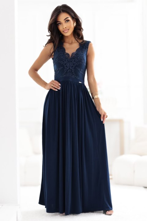 215-6 LEA długa elegancka suknia maxi z koronkową górą i rozcięciem na nodze - granatowa - XL