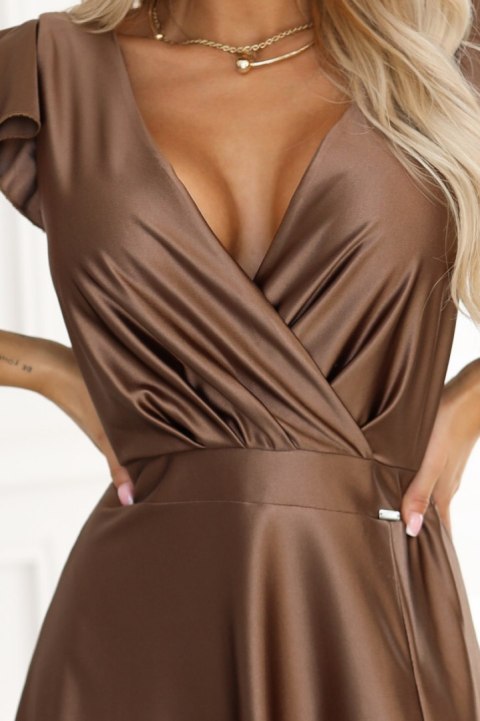 411-14 CRYSTAL satynowa długa suknia z dekoltem - mocha mousse - XS