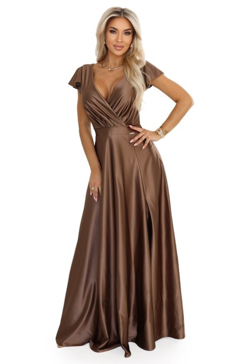 411-14 CRYSTAL satynowa długa suknia z dekoltem - mocha mousse - S