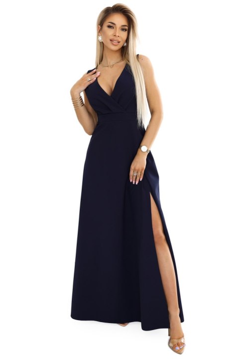 634-1 MIRA elegancka sukienka maxi z kopertowym dekoltem i rozcięciem na nodze - granatowa - XL