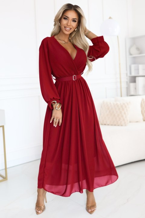 639-1 Elegancka plisowana sukienka maxi z paskiem i kopertowym dekoltem - bordowa - UNI