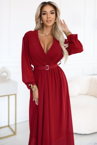 639-1 Elegancka plisowana sukienka maxi z paskiem i kopertowym dekoltem - bordowa - UNI