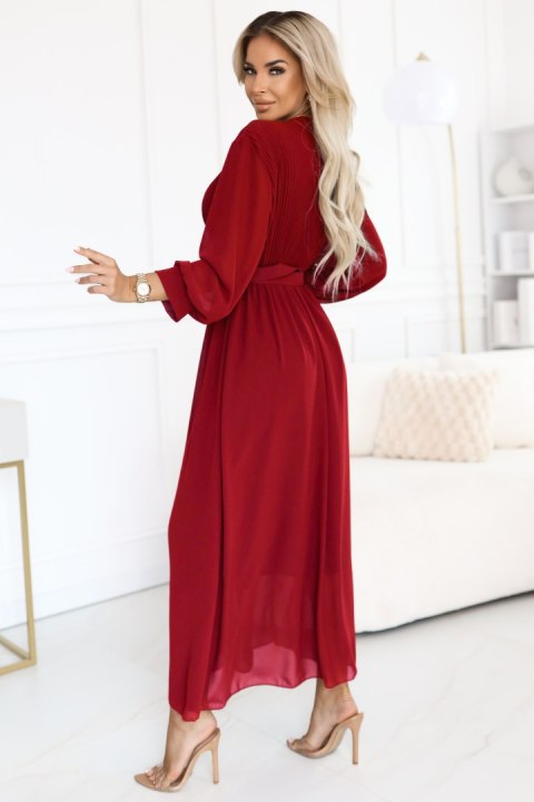 639-1 Elegancka plisowana sukienka maxi z paskiem i kopertowym dekoltem - bordowa - UNI