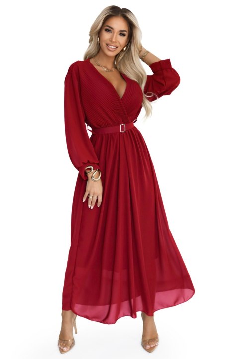 639-1 Elegancka plisowana sukienka maxi z paskiem i kopertowym dekoltem - bordowa - UNI