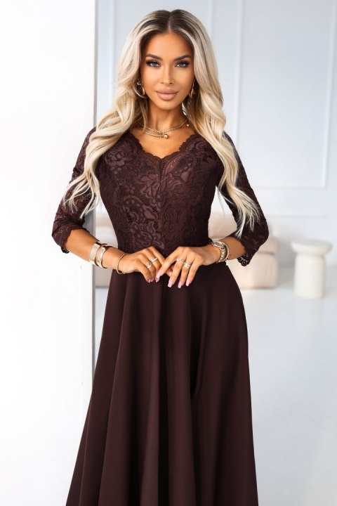 309-14 AMBER elegancka długa koronkowa suknia z dekoltem - czekolada - L
