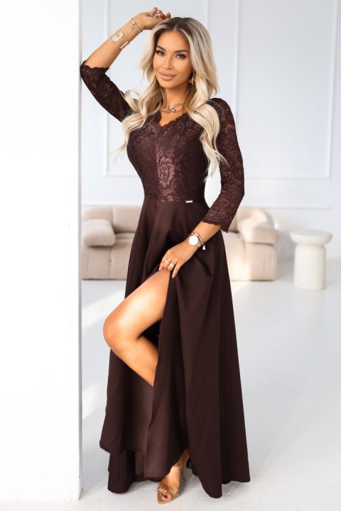 309-14 AMBER elegancka długa koronkowa suknia z dekoltem - czekolada - XXL