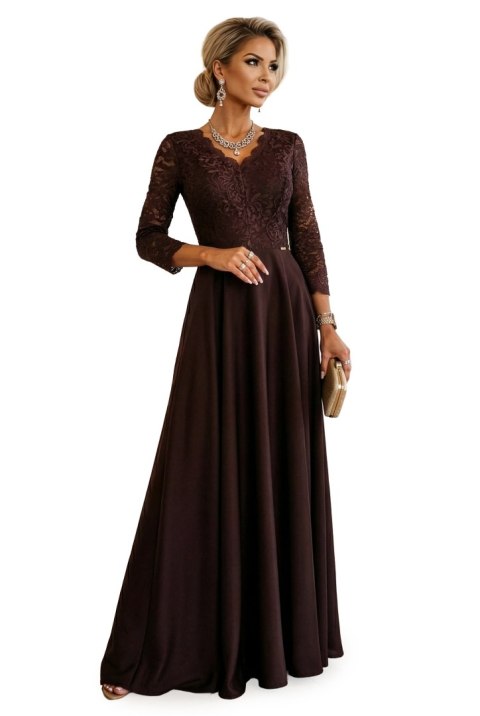 309-14 AMBER elegancka długa koronkowa suknia z dekoltem - czekolada - XXL