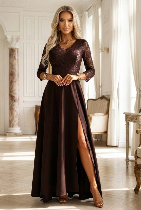 309-14 AMBER elegancka długa koronkowa suknia z dekoltem - czekolada - XXL