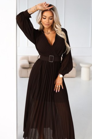414-11 KLARA plisowana elegancka sukienka midi z paskiem i dekoltem - czekoladowa - UNI