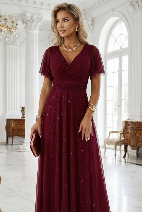 635-5 MELANIA długa błyszcząca suknia z dekoltem i krótkim rękawkiem - bordowa - UNI