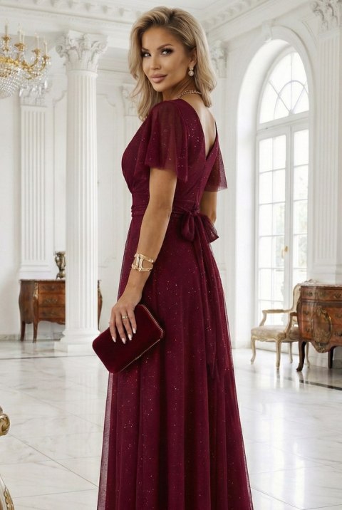 635-5 MELANIA długa błyszcząca suknia z dekoltem i krótkim rękawkiem - bordowa - UNI