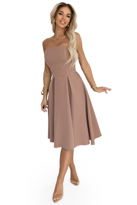 641-2 VIVIENNE gorsetowa rozkloszowana sukienka midi na wyjątkowe okazje - beżowa - XS