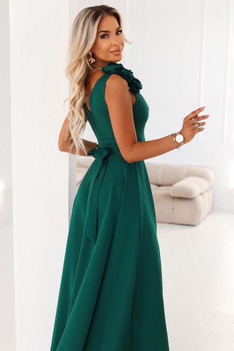 643-1 Elegancka wieczorowa suknia maxi z rozcięciem i różami - butelkowa zieleń - XL