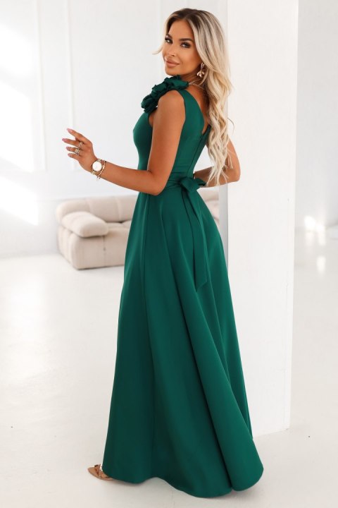 643-1 Elegancka wieczorowa suknia maxi z rozcięciem i różami - butelkowa zieleń - XXL