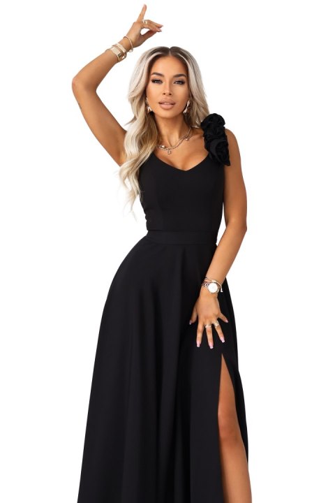 643-2 Elegancka wieczorowa suknia maxi z rozcięciem i różami - klasyczna czerń - XXL