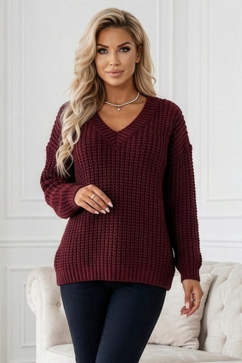 661-1 Ciepły sweter oversize o mięsistym splocie i dekolcie V - bordowy - UNI