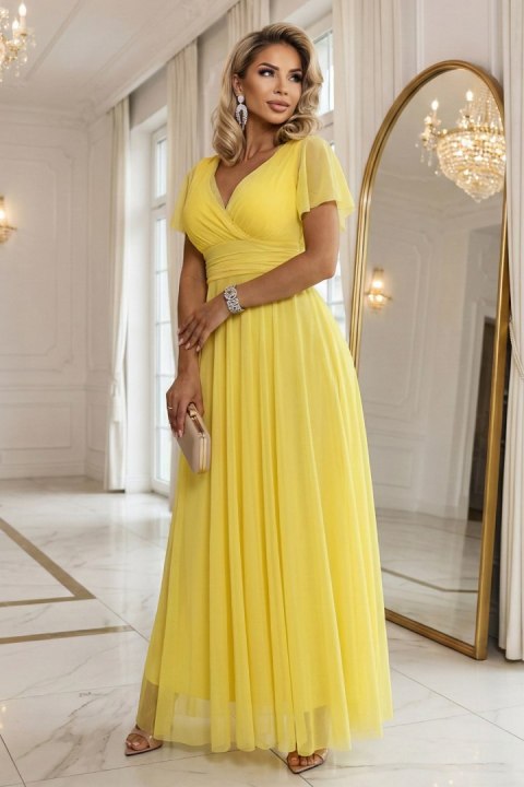 562-8 NASTIA Długa sukienka z dekoltem, wiązaniem i krótkim rękawkiem - cytrynowe limoncello - UNI