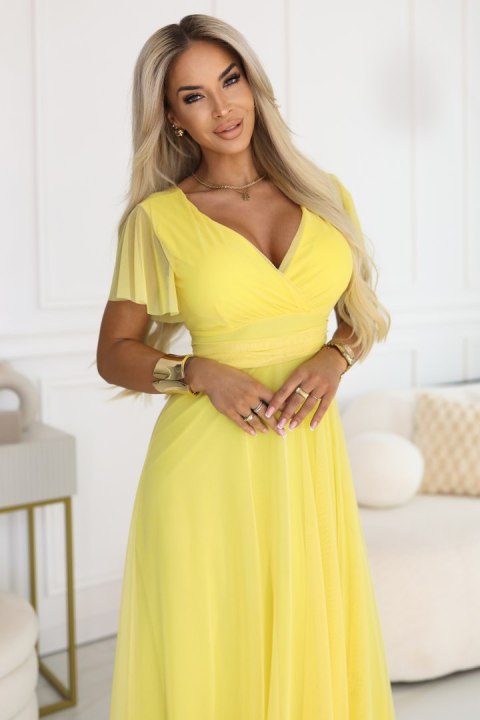 562-8 NASTIA Długa sukienka z dekoltem, wiązaniem i krótkim rękawkiem - cytrynowe limoncello - UNI
