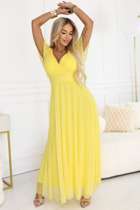 562-8 NASTIA Długa sukienka z dekoltem, wiązaniem i krótkim rękawkiem - cytrynowe limoncello - UNI