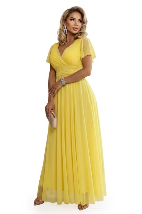 562-8 NASTIA Długa sukienka z dekoltem, wiązaniem i krótkim rękawkiem - cytrynowe limoncello - UNI