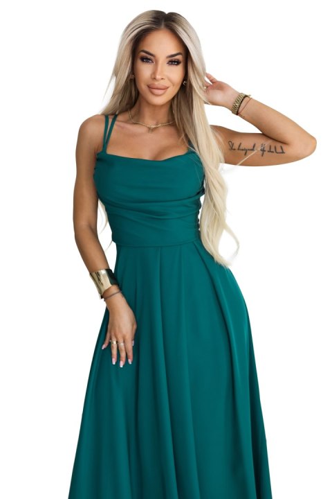 589-6 Sukienka maxi na ramiączkach z gorsetowym wiązaniem na plecach i rozcięciem - zieleń butelkowa - XL