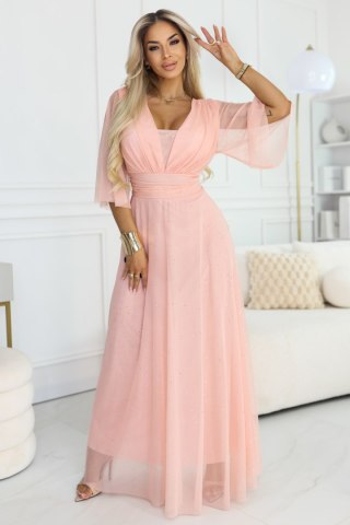654-4 Długa połyskująca sukienka plus size z dekoltem i transparentnym rękawkiem - brzoskwiniowa - UNI