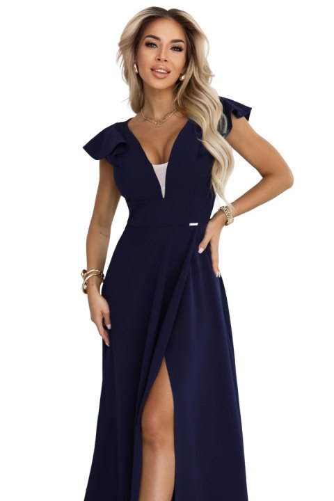 660-1 Elegancka sukienka maxi z falbankami, głębokim dekoltem i rozcięciem na nodze - granatowa - L