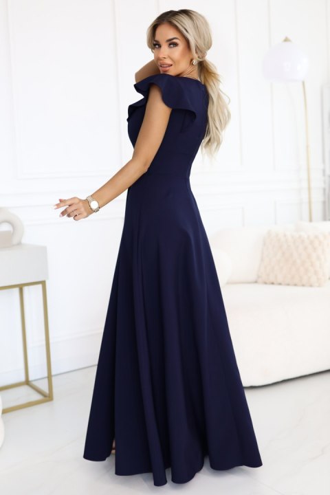 660-1 Elegancka sukienka maxi z falbankami, głębokim dekoltem i rozcięciem na nodze - granatowa - XL