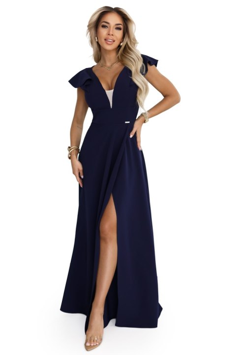 660-1 Elegancka sukienka maxi z falbankami, głębokim dekoltem i rozcięciem na nodze - granatowa - XL