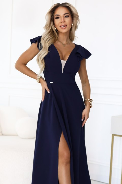 660-1 Elegancka sukienka maxi z falbankami, głębokim dekoltem i rozcięciem na nodze - granatowa - S