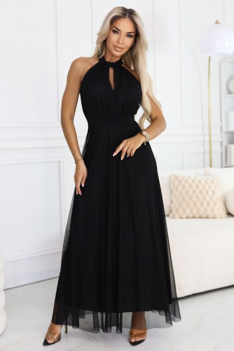 662-2 Elegancka sukienka wieczorowa maxi halter z tiulem i wiązaniem w talii - czarna - UNI