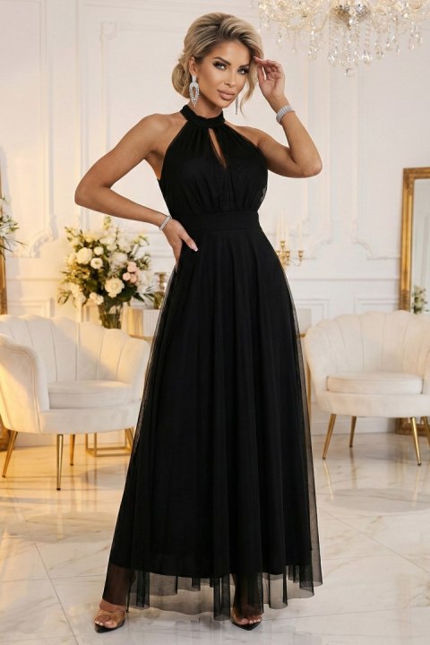 662-2 Elegancka sukienka wieczorowa maxi halter z tiulem i wiązaniem w talii - czarna - UNI