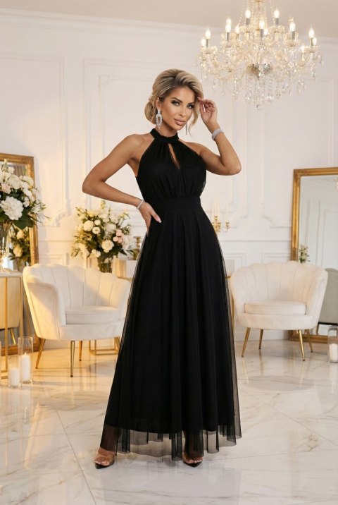 662-2 Elegancka sukienka wieczorowa maxi halter z tiulem i wiązaniem w talii - czarna - UNI