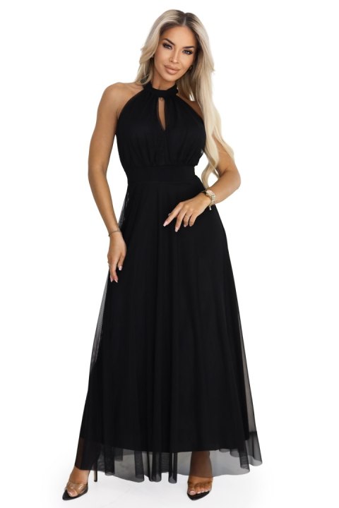 662-2 Elegancka sukienka wieczorowa maxi halter z tiulem i wiązaniem w talii - czarna - UNI
