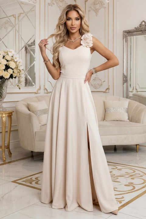 643-3 Elegancka wieczorowa suknia maxi z rozcięciem i różami - beżowa - XL