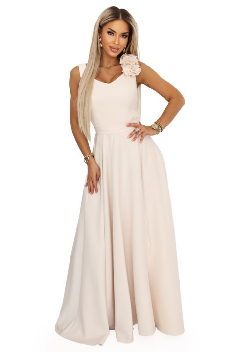 643-3 Elegancka wieczorowa suknia maxi z rozcięciem i różami - beżowa - XL