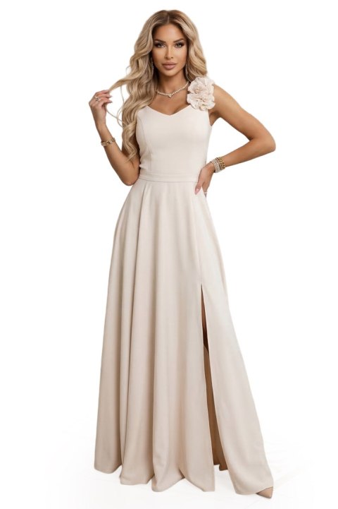 643-3 Elegancka wieczorowa suknia maxi z rozcięciem i różami - beżowa - M