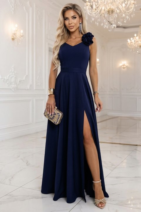 643-4 Elegancka wieczorowa suknia maxi z rozcięciem i różami - granatowa - L