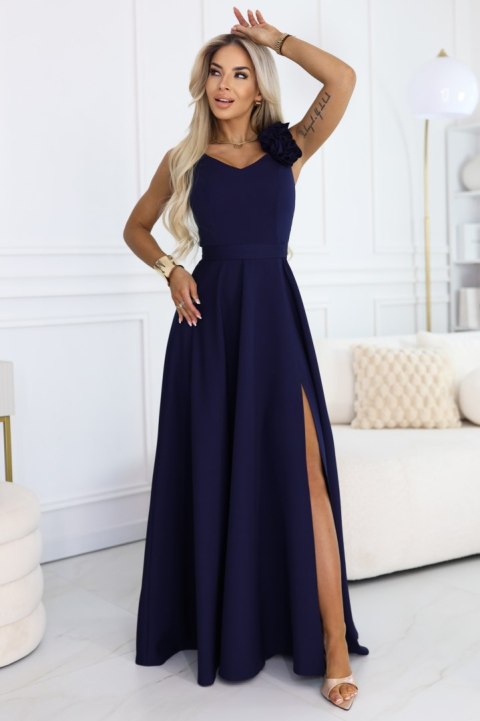 643-4 Elegancka wieczorowa suknia maxi z rozcięciem i różami - granatowa - S