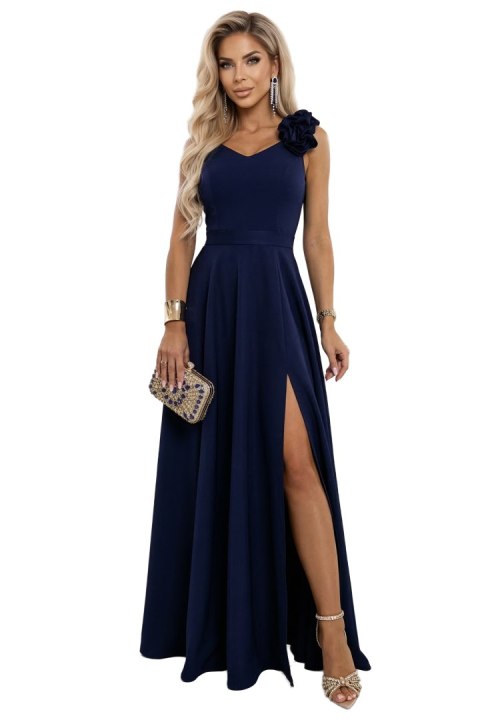 643-4 Elegancka wieczorowa suknia maxi z rozcięciem i różami - granatowa - S