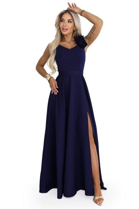 643-4 Elegancka wieczorowa suknia maxi z rozcięciem i różami - granatowa - S