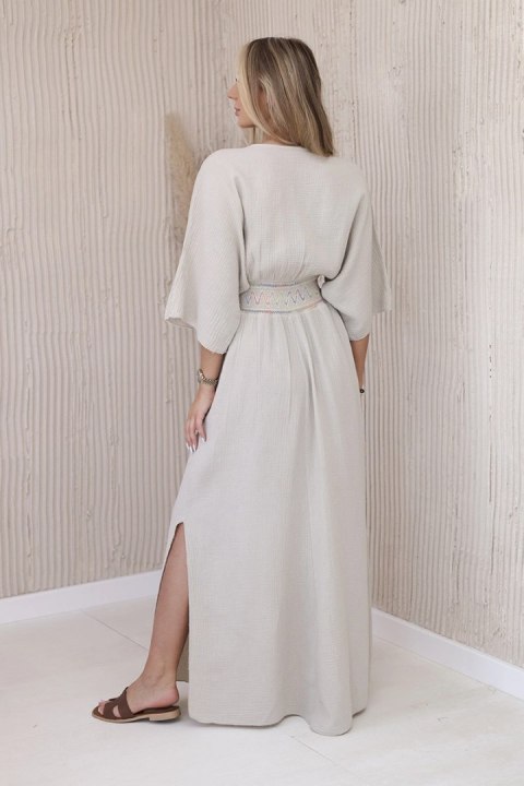 Sukienka muślinowa z haftem w talii beżowa