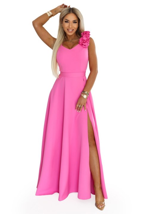 643-6 Elegancka wieczorowa suknia maxi z rozcięciem i różami - cukierkowy róż - S