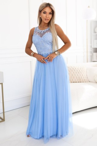 672-1 Romantyczna suknia maxi na wesele z haftowaną koronką i tiulem - błękitna - UNI