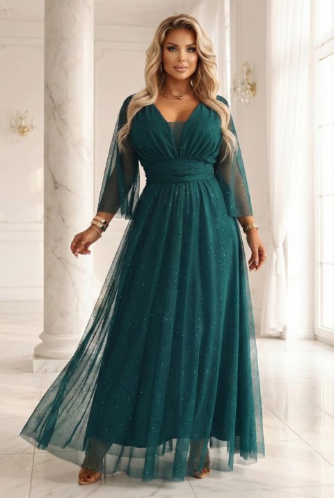 654-1 Długa połyskująca sukienka plus size z dekoltem i transparentnym rękawkiem - zieleń butelkowa - UNI